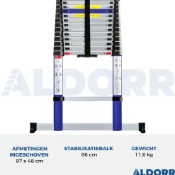 Aldorr Home - Telescoopladder 3,80M - Met Stabilisatievoet En Soft Closing