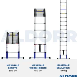 Aldorr Home - Telescoopladder 3,80M - Met Stabilisatievoet En Soft Closing