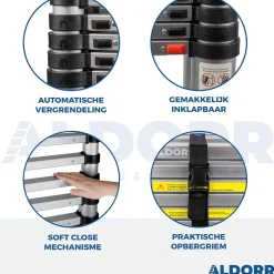 Aldorr Home - Telescoopladder 3,20M - Met Stabilisatievoet En Soft Closing