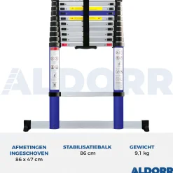 Aldorr Home - Telescoopladder 3,20M - Met Stabilisatievoet En Soft Closing