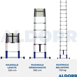 Aldorr Home - Telescoopladder 3,20M - Met Stabilisatievoet En Soft Closing