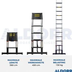 Aldorr Professional - Telescoopladder 3,80M - Telescopische Stabilisatie Balk - Optigrip™