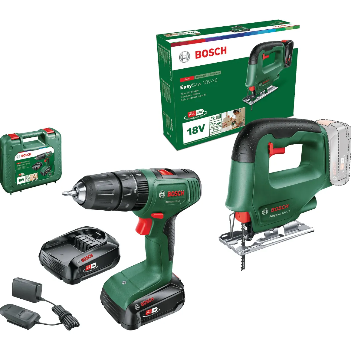 Bosch Accuboormachine Met Klopfunctie + Decoupeerzaag Toolkit 18V (2 Accu'S)