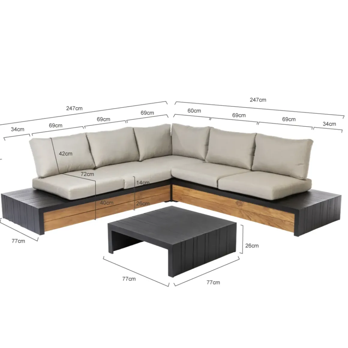 Central Park Hoekbank Loungeset Cassis Zwart Hout