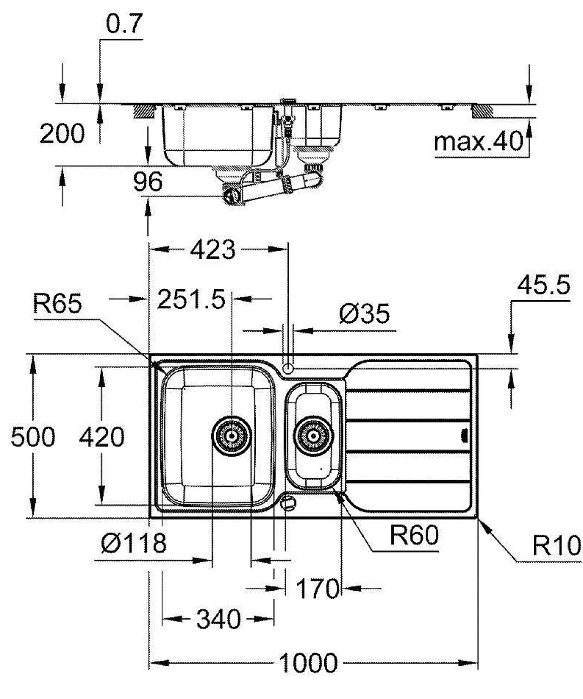 Grohe Spoelbak K500 Met Druiprek 970X500Mm Rvs