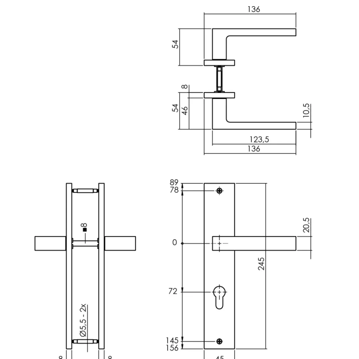 Intersteel Deurklink Op Plaat Hera 245X45 Mm Profielcilindergat 72Mm Matzwart