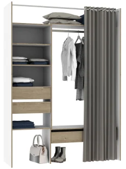 Kast Oslo Wit/Eik Uitrekbaar Met Gordijn 3 Lades 6 Planken