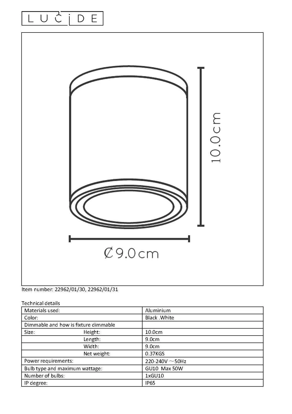 Lucide Plafondspot Aven Zwart 9Cm Gu10
