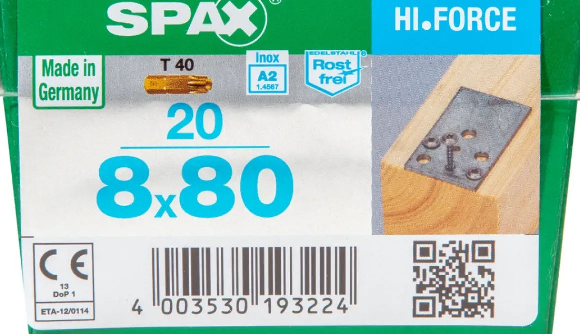 Spax Schroef 'Hi.Force' Rvs 8X80Mm 20 Stuks