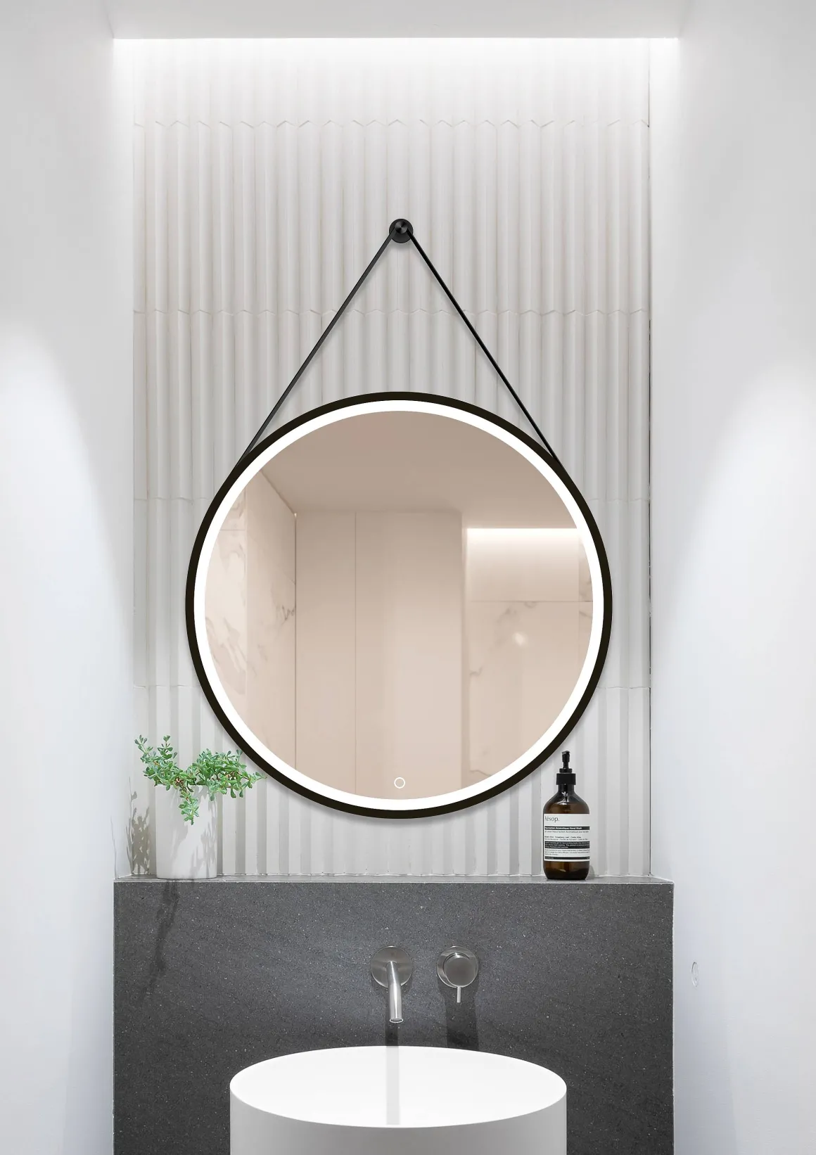 Spiegel Barber Rond Met Verlichting Touch Sensor En Spiegelverwarming Zwart O75Cm