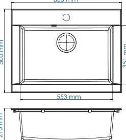 Spoelbak Hexo 1 Xl Bak 66X50X21Cm Composiet Zwart