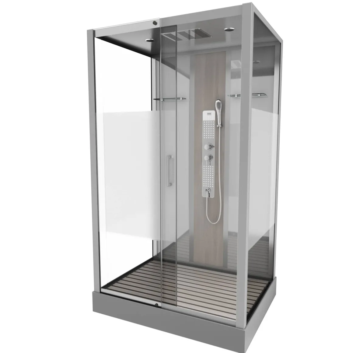 Technische Eigenschappen: 85X115X215Cm Benodigde Hoogte Voor Installatie 230Cm Metaalgrijs Gelakte Aluminium Structuur Omkeerbare Schuifdeur In 6 Mm Van Gehard Glas Achterwand Van Grijs Gehard Glas Van 5 Mm Composiet Houten Kolom Met Roestvrijstalen Plaat Voorwanden En Zijkanten Met Gematteerde Banden Versterkt Grijs Acryl Dak En Douchebak Magnetische Sluiting Siliconenvrije Montage Toebehoren: Rvs Regendouchekop Anti-Kalksteen Multi-Jet Roestvrijstalen Hydromassagepaneel Anti-Kalksteen Handdouche Pvc-Slang Met Metallic Effect Glazen Planken Verchroomd Roestvrijstalen Handvat Mechanische Mengkraan 90 Mm Afvoer Met Hoog Debiet Composiet Houten Rooster Geleverd Met Aansluitslangen
