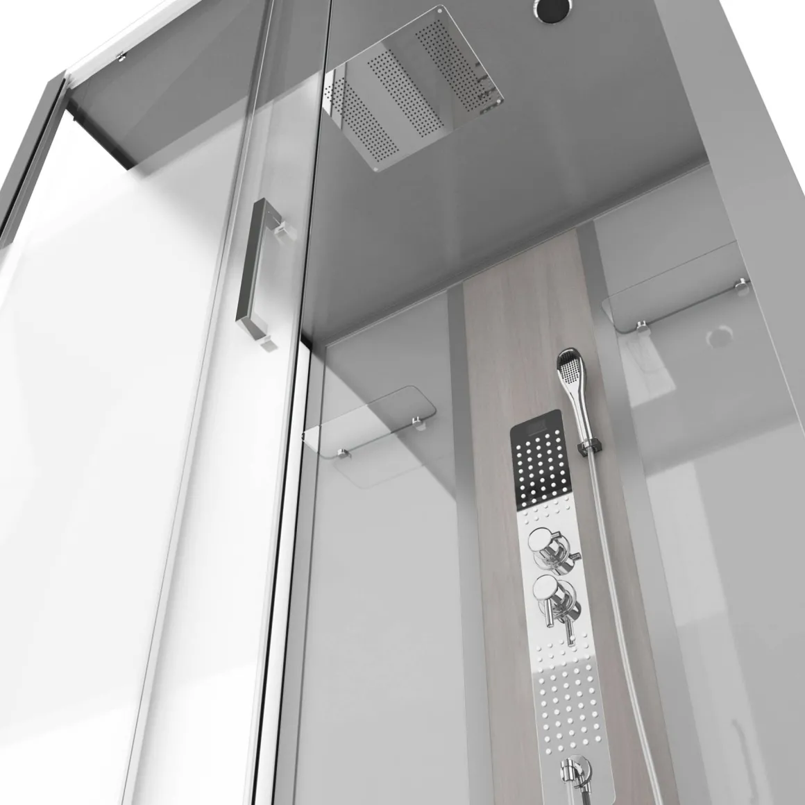 Technische Eigenschappen: 85X115X215Cm Benodigde Hoogte Voor Installatie 230Cm Metaalgrijs Gelakte Aluminium Structuur Omkeerbare Schuifdeur In 6 Mm Van Gehard Glas Achterwand Van Grijs Gehard Glas Van 5 Mm Composiet Houten Kolom Met Roestvrijstalen Plaat Voorwanden En Zijkanten Met Gematteerde Banden Versterkt Grijs Acryl Dak En Douchebak Magnetische Sluiting Siliconenvrije Montage Toebehoren: Rvs Regendouchekop Anti-Kalksteen Multi-Jet Roestvrijstalen Hydromassagepaneel Anti-Kalksteen Handdouche Pvc-Slang Met Metallic Effect Glazen Planken Verchroomd Roestvrijstalen Handvat Mechanische Mengkraan 90 Mm Afvoer Met Hoog Debiet Composiet Houten Rooster Geleverd Met Aansluitslangen