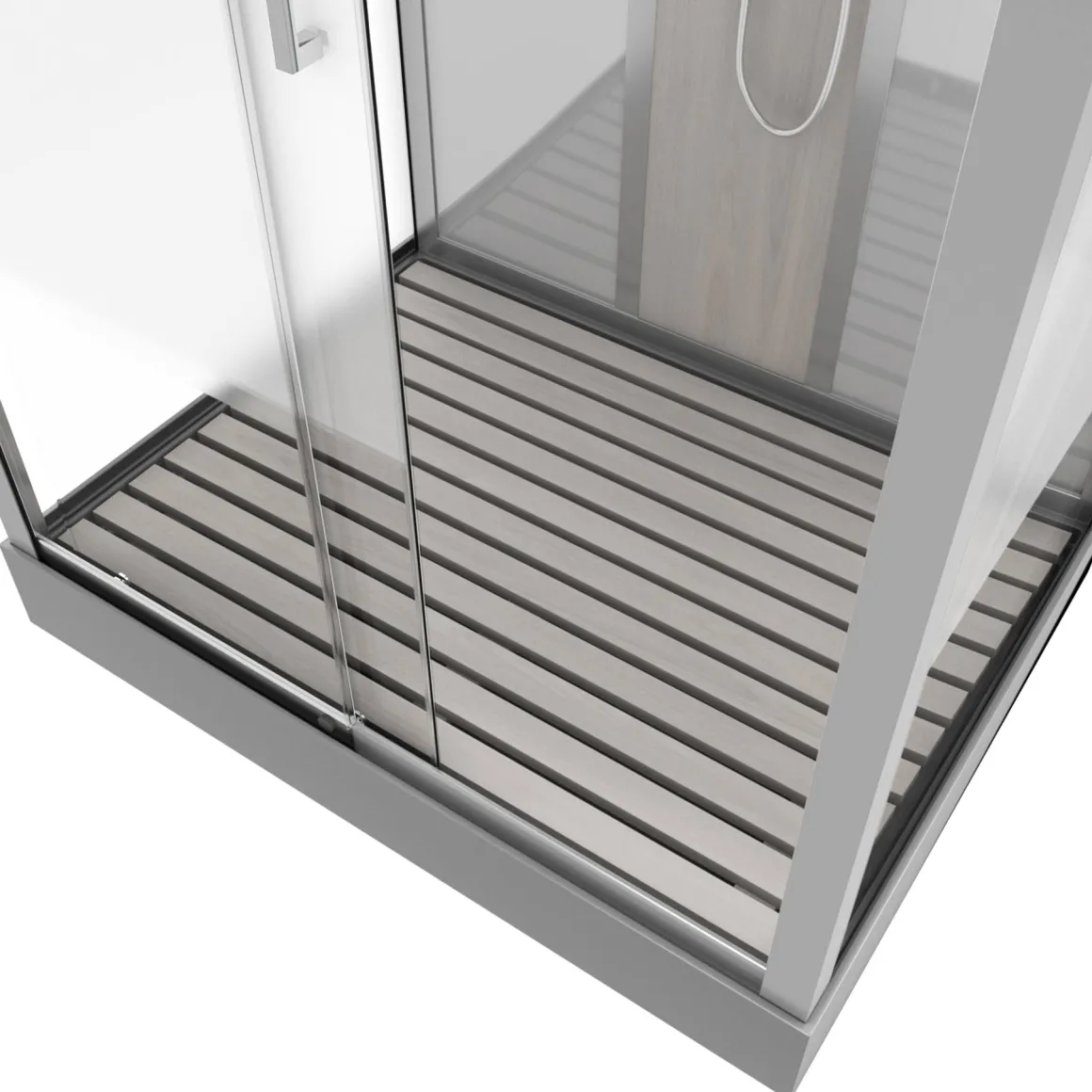 Technische Eigenschappen: 85X115X215Cm Benodigde Hoogte Voor Installatie 230Cm Metaalgrijs Gelakte Aluminium Structuur Omkeerbare Schuifdeur In 6 Mm Van Gehard Glas Achterwand Van Grijs Gehard Glas Van 5 Mm Composiet Houten Kolom Met Roestvrijstalen Plaat Voorwanden En Zijkanten Met Gematteerde Banden Versterkt Grijs Acryl Dak En Douchebak Magnetische Sluiting Siliconenvrije Montage Toebehoren: Rvs Regendouchekop Anti-Kalksteen Multi-Jet Roestvrijstalen Hydromassagepaneel Anti-Kalksteen Handdouche Pvc-Slang Met Metallic Effect Glazen Planken Verchroomd Roestvrijstalen Handvat Mechanische Mengkraan 90 Mm Afvoer Met Hoog Debiet Composiet Houten Rooster Geleverd Met Aansluitslangen