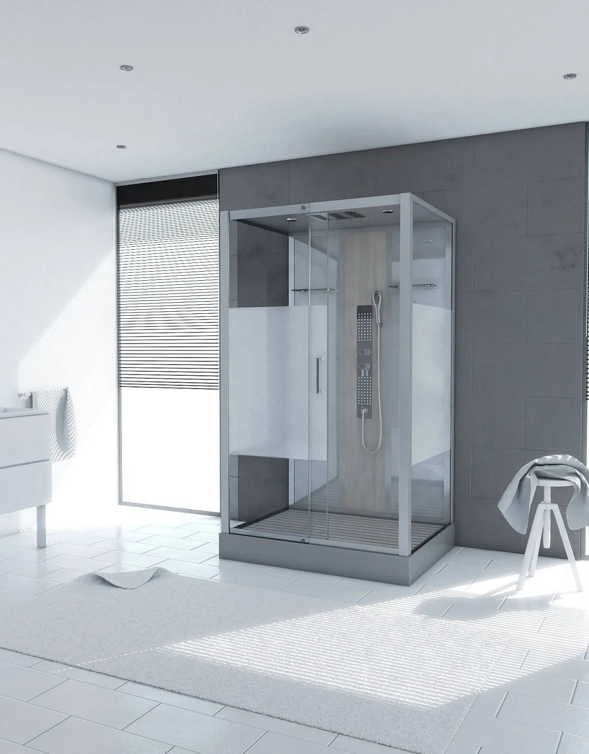 Technische Eigenschappen: 85X115X215Cm Benodigde Hoogte Voor Installatie 230Cm Metaalgrijs Gelakte Aluminium Structuur Omkeerbare Schuifdeur In 6 Mm Van Gehard Glas Achterwand Van Grijs Gehard Glas Van 5 Mm Composiet Houten Kolom Met Roestvrijstalen Plaat Voorwanden En Zijkanten Met Gematteerde Banden Versterkt Grijs Acryl Dak En Douchebak Magnetische Sluiting Siliconenvrije Montage Toebehoren: Rvs Regendouchekop Anti-Kalksteen Multi-Jet Roestvrijstalen Hydromassagepaneel Anti-Kalksteen Handdouche Pvc-Slang Met Metallic Effect Glazen Planken Verchroomd Roestvrijstalen Handvat Mechanische Mengkraan 90 Mm Afvoer Met Hoog Debiet Composiet Houten Rooster Geleverd Met Aansluitslangen