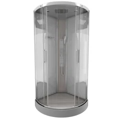 Technische Eigenschappen:85X185X215Cmbenodigde Hoogte Voor Installatie 230Cmmetaalgrijs Gelakte Aluminium Structuuromkeerbare Schuifdeur In 6 Mm Van Gehard Glasachterwand Van Grijs Gehard Glas Van 5 Mmcomposiet Houten Kolom Met Roestvrijstalen Plaatvoorwanden En Zijkanten Met Gematteerde Bandenversterkt Grijs Acryl Dak En Douchebakmagnetische Sluitingsiliconenvrije Montagetoebehoren: Rvs Regendouchekopanti-Kalksteen Multi-Jet Roestvrijstalen Hydromassagepaneelanti-Kalksteen Handdouchepvc-Slang Met Metallic Effectglazen Plankenverchroomd Roestvrijstalen Handvatmechanische Mengkraan90 Mm Afvoer Met Hoog Debietcomposiet Houten Roostergeleverd Met Aansluitslangen