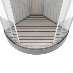 Technische Eigenschappen:85X185X215Cmbenodigde Hoogte Voor Installatie 230Cmmetaalgrijs Gelakte Aluminium Structuuromkeerbare Schuifdeur In 6 Mm Van Gehard Glasachterwand Van Grijs Gehard Glas Van 5 Mmcomposiet Houten Kolom Met Roestvrijstalen Plaatvoorwanden En Zijkanten Met Gematteerde Bandenversterkt Grijs Acryl Dak En Douchebakmagnetische Sluitingsiliconenvrije Montagetoebehoren: Rvs Regendouchekopanti-Kalksteen Multi-Jet Roestvrijstalen Hydromassagepaneelanti-Kalksteen Handdouchepvc-Slang Met Metallic Effectglazen Plankenverchroomd Roestvrijstalen Handvatmechanische Mengkraan90 Mm Afvoer Met Hoog Debietcomposiet Houten Roostergeleverd Met Aansluitslangen
