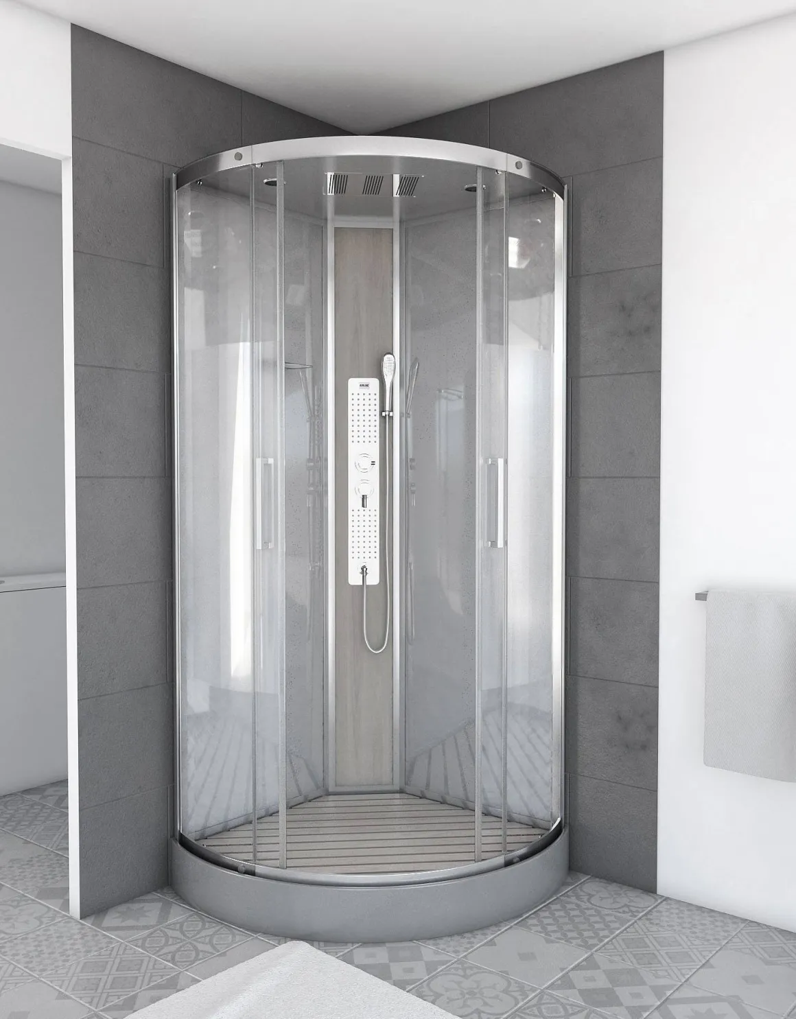 Technische Eigenschappen:85X185X215Cmbenodigde Hoogte Voor Installatie 230Cmmetaalgrijs Gelakte Aluminium Structuuromkeerbare Schuifdeur In 6 Mm Van Gehard Glasachterwand Van Grijs Gehard Glas Van 5 Mmcomposiet Houten Kolom Met Roestvrijstalen Plaatvoorwanden En Zijkanten Met Gematteerde Bandenversterkt Grijs Acryl Dak En Douchebakmagnetische Sluitingsiliconenvrije Montagetoebehoren: Rvs Regendouchekopanti-Kalksteen Multi-Jet Roestvrijstalen Hydromassagepaneelanti-Kalksteen Handdouchepvc-Slang Met Metallic Effectglazen Plankenverchroomd Roestvrijstalen Handvatmechanische Mengkraan90 Mm Afvoer Met Hoog Debietcomposiet Houten Roostergeleverd Met Aansluitslangen