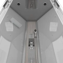 Technische Eigenschappen:85X185X215Cmbenodigde Hoogte Voor Installatie 230Cmmetaalgrijs Gelakte Aluminium Structuuromkeerbare Schuifdeur In 6 Mm Van Gehard Glasachterwand Van Grijs Gehard Glas Van 5 Mmcomposiet Houten Kolom Met Roestvrijstalen Plaatvoorwanden En Zijkanten Met Gematteerde Bandenversterkt Grijs Acryl Dak En Douchebakmagnetische Sluitingsiliconenvrije Montagetoebehoren: Rvs Regendouchekopanti-Kalksteen Multi-Jet Roestvrijstalen Hydromassagepaneelanti-Kalksteen Handdouchepvc-Slang Met Metallic Effectglazen Plankenverchroomd Roestvrijstalen Handvatmechanische Mengkraan90 Mm Afvoer Met Hoog Debietcomposiet Houten Roostergeleverd Met Aansluitslangen