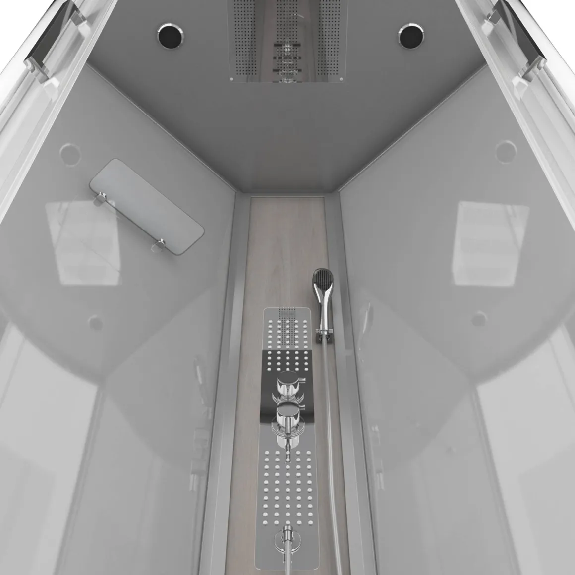 Technische Eigenschappen:85X185X215Cmbenodigde Hoogte Voor Installatie 230Cmmetaalgrijs Gelakte Aluminium Structuuromkeerbare Schuifdeur In 6 Mm Van Gehard Glasachterwand Van Grijs Gehard Glas Van 5 Mmcomposiet Houten Kolom Met Roestvrijstalen Plaatvoorwanden En Zijkanten Met Gematteerde Bandenversterkt Grijs Acryl Dak En Douchebakmagnetische Sluitingsiliconenvrije Montagetoebehoren: Rvs Regendouchekopanti-Kalksteen Multi-Jet Roestvrijstalen Hydromassagepaneelanti-Kalksteen Handdouchepvc-Slang Met Metallic Effectglazen Plankenverchroomd Roestvrijstalen Handvatmechanische Mengkraan90 Mm Afvoer Met Hoog Debietcomposiet Houten Roostergeleverd Met Aansluitslangen