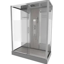 Technische Eigenschappen:75X150X215Cmbenodigde Hoogte Voor Installatie 230Cmmetaalgrijs Gelakte Aluminium Structuuromkeerbare Schuifdeur In 6 Mm Van Gehard Glasachterwand Van Grijs Gehard Glas Van 5 Mmcomposiet Houten Kolom Met Roestvrijstalen Plaatvoorwanden En Zijkanten Met Gematteerde Bandenversterkt Grijs Acryl Dak En Douchebakmagnetische Sluitingsiliconenvrije Montagetoebehoren: Rvs Regendouchekopanti-Kalksteen Multi-Jet Roestvrijstalen Hydromassagepaneelanti-Kalksteen Handdouchepvc-Slang Met Metallic Effectglazen Plankenverchroomd Roestvrijstalen Handvatmechanische Mengkraan90 Mm Afvoer Met Hoog Debietcomposiet Houten Roostergeleverd Met Aansluitslangen
