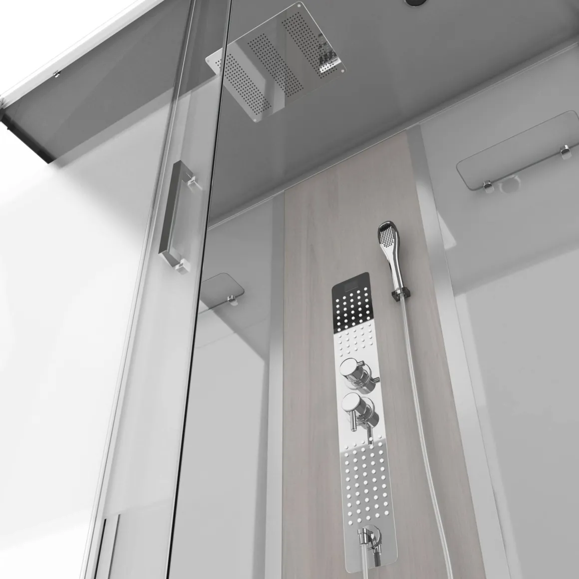 Technische Eigenschappen:75X150X215Cmbenodigde Hoogte Voor Installatie 230Cmmetaalgrijs Gelakte Aluminium Structuuromkeerbare Schuifdeur In 6 Mm Van Gehard Glasachterwand Van Grijs Gehard Glas Van 5 Mmcomposiet Houten Kolom Met Roestvrijstalen Plaatvoorwanden En Zijkanten Met Gematteerde Bandenversterkt Grijs Acryl Dak En Douchebakmagnetische Sluitingsiliconenvrije Montagetoebehoren: Rvs Regendouchekopanti-Kalksteen Multi-Jet Roestvrijstalen Hydromassagepaneelanti-Kalksteen Handdouchepvc-Slang Met Metallic Effectglazen Plankenverchroomd Roestvrijstalen Handvatmechanische Mengkraan90 Mm Afvoer Met Hoog Debietcomposiet Houten Roostergeleverd Met Aansluitslangen