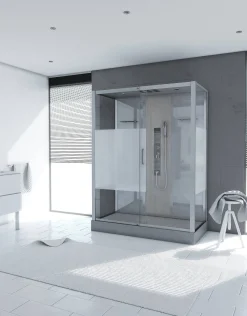 Technische Eigenschappen:75X150X215Cmbenodigde Hoogte Voor Installatie 230Cmmetaalgrijs Gelakte Aluminium Structuuromkeerbare Schuifdeur In 6 Mm Van Gehard Glasachterwand Van Grijs Gehard Glas Van 5 Mmcomposiet Houten Kolom Met Roestvrijstalen Plaatvoorwanden En Zijkanten Met Gematteerde Bandenversterkt Grijs Acryl Dak En Douchebakmagnetische Sluitingsiliconenvrije Montagetoebehoren: Rvs Regendouchekopanti-Kalksteen Multi-Jet Roestvrijstalen Hydromassagepaneelanti-Kalksteen Handdouchepvc-Slang Met Metallic Effectglazen Plankenverchroomd Roestvrijstalen Handvatmechanische Mengkraan90 Mm Afvoer Met Hoog Debietcomposiet Houten Roostergeleverd Met Aansluitslangen