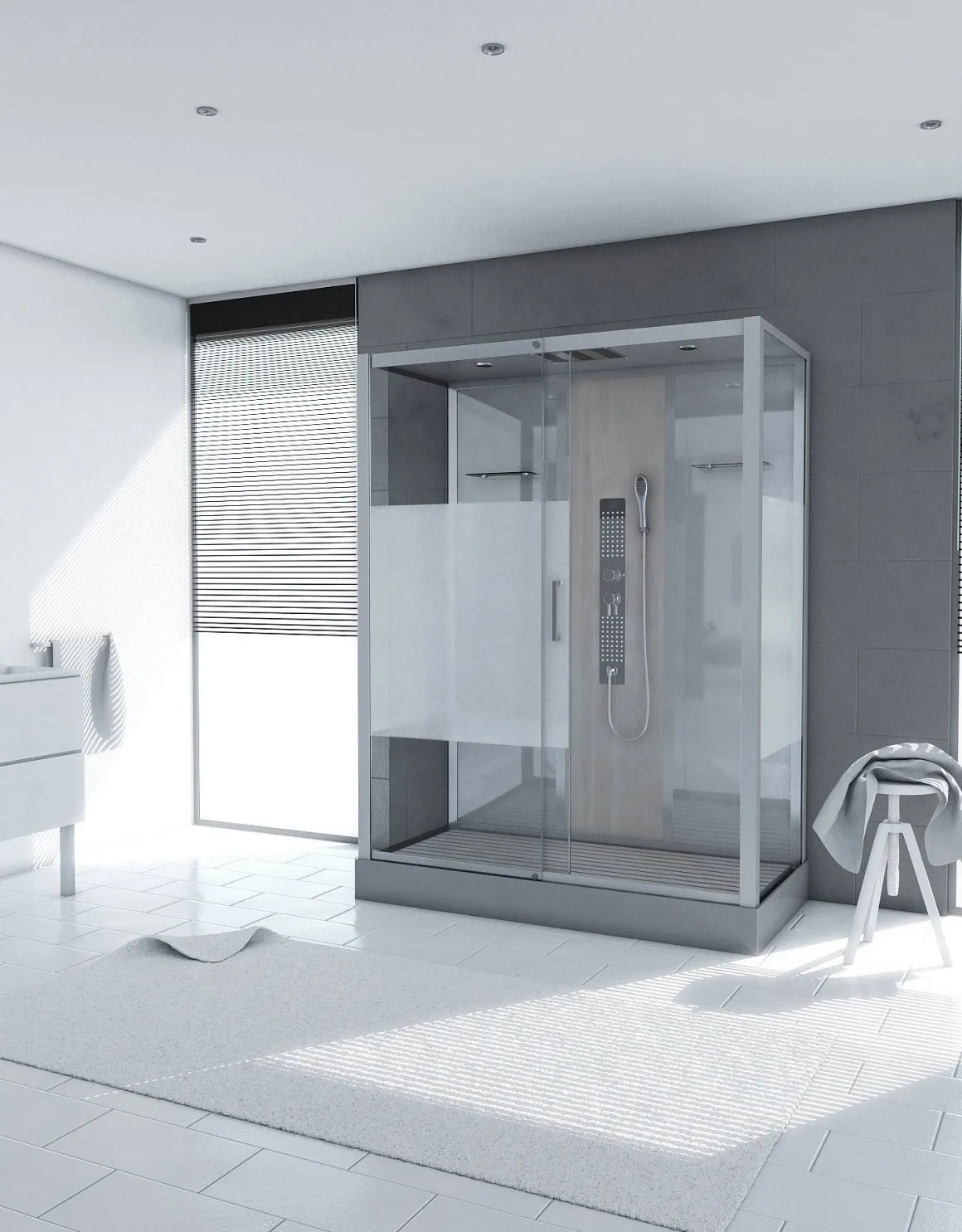 Technische Eigenschappen:75X150X215Cmbenodigde Hoogte Voor Installatie 230Cmmetaalgrijs Gelakte Aluminium Structuuromkeerbare Schuifdeur In 6 Mm Van Gehard Glasachterwand Van Grijs Gehard Glas Van 5 Mmcomposiet Houten Kolom Met Roestvrijstalen Plaatvoorwanden En Zijkanten Met Gematteerde Bandenversterkt Grijs Acryl Dak En Douchebakmagnetische Sluitingsiliconenvrije Montagetoebehoren: Rvs Regendouchekopanti-Kalksteen Multi-Jet Roestvrijstalen Hydromassagepaneelanti-Kalksteen Handdouchepvc-Slang Met Metallic Effectglazen Plankenverchroomd Roestvrijstalen Handvatmechanische Mengkraan90 Mm Afvoer Met Hoog Debietcomposiet Houten Roostergeleverd Met Aansluitslangen