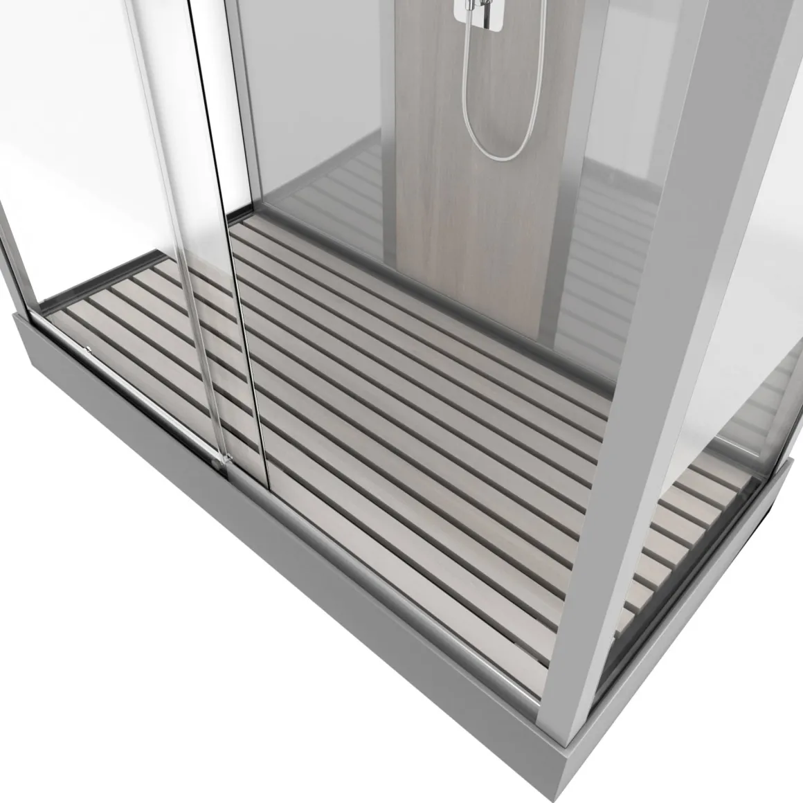 Technische Eigenschappen:75X150X215Cmbenodigde Hoogte Voor Installatie 230Cmmetaalgrijs Gelakte Aluminium Structuuromkeerbare Schuifdeur In 6 Mm Van Gehard Glasachterwand Van Grijs Gehard Glas Van 5 Mmcomposiet Houten Kolom Met Roestvrijstalen Plaatvoorwanden En Zijkanten Met Gematteerde Bandenversterkt Grijs Acryl Dak En Douchebakmagnetische Sluitingsiliconenvrije Montagetoebehoren: Rvs Regendouchekopanti-Kalksteen Multi-Jet Roestvrijstalen Hydromassagepaneelanti-Kalksteen Handdouchepvc-Slang Met Metallic Effectglazen Plankenverchroomd Roestvrijstalen Handvatmechanische Mengkraan90 Mm Afvoer Met Hoog Debietcomposiet Houten Roostergeleverd Met Aansluitslangen