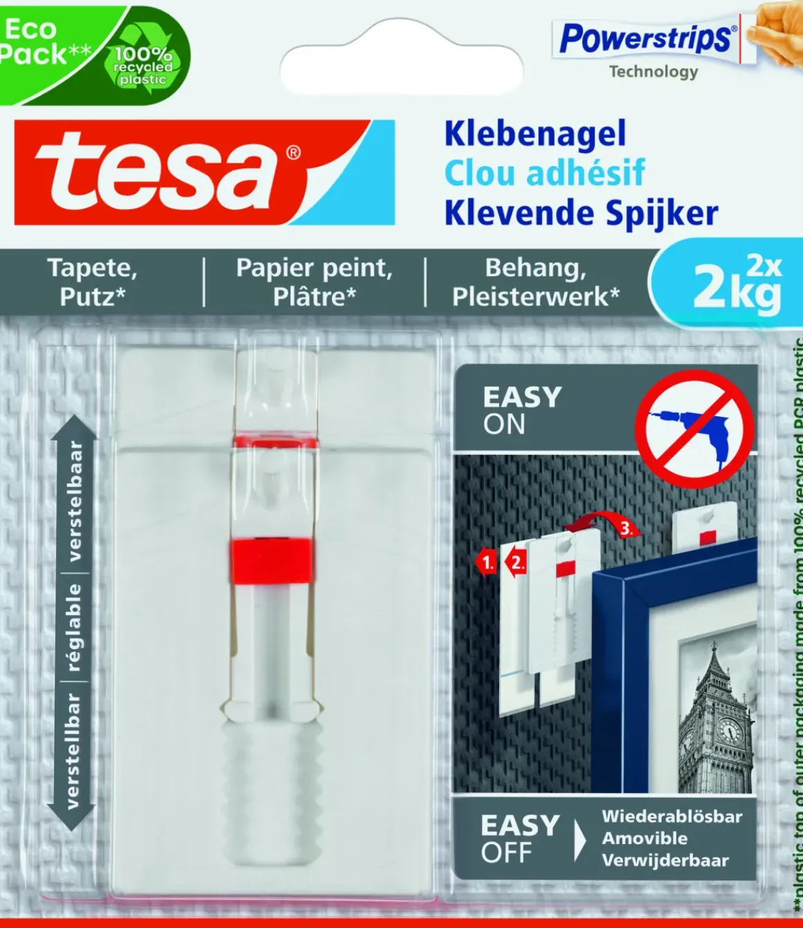 Tesa Verstelbare Klevende Spijker Voor Behang En Pleister - 2 X 2 Kg